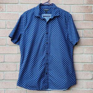Express Men’s Short Sleeve Button Up Shirt L Blue Geometric Cotton Casual